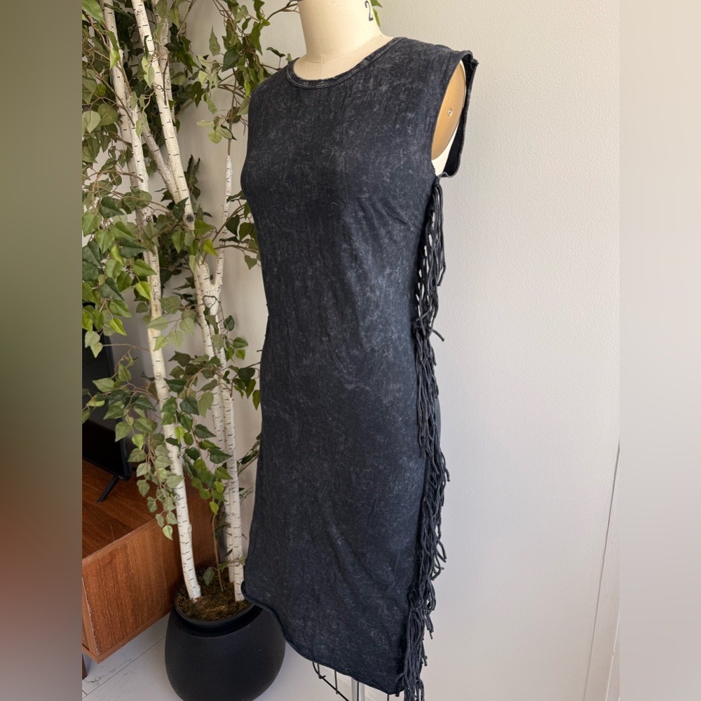 Anthropologie Acid Wash Black/Grey Tank Rectangle Fringe Midi Dress